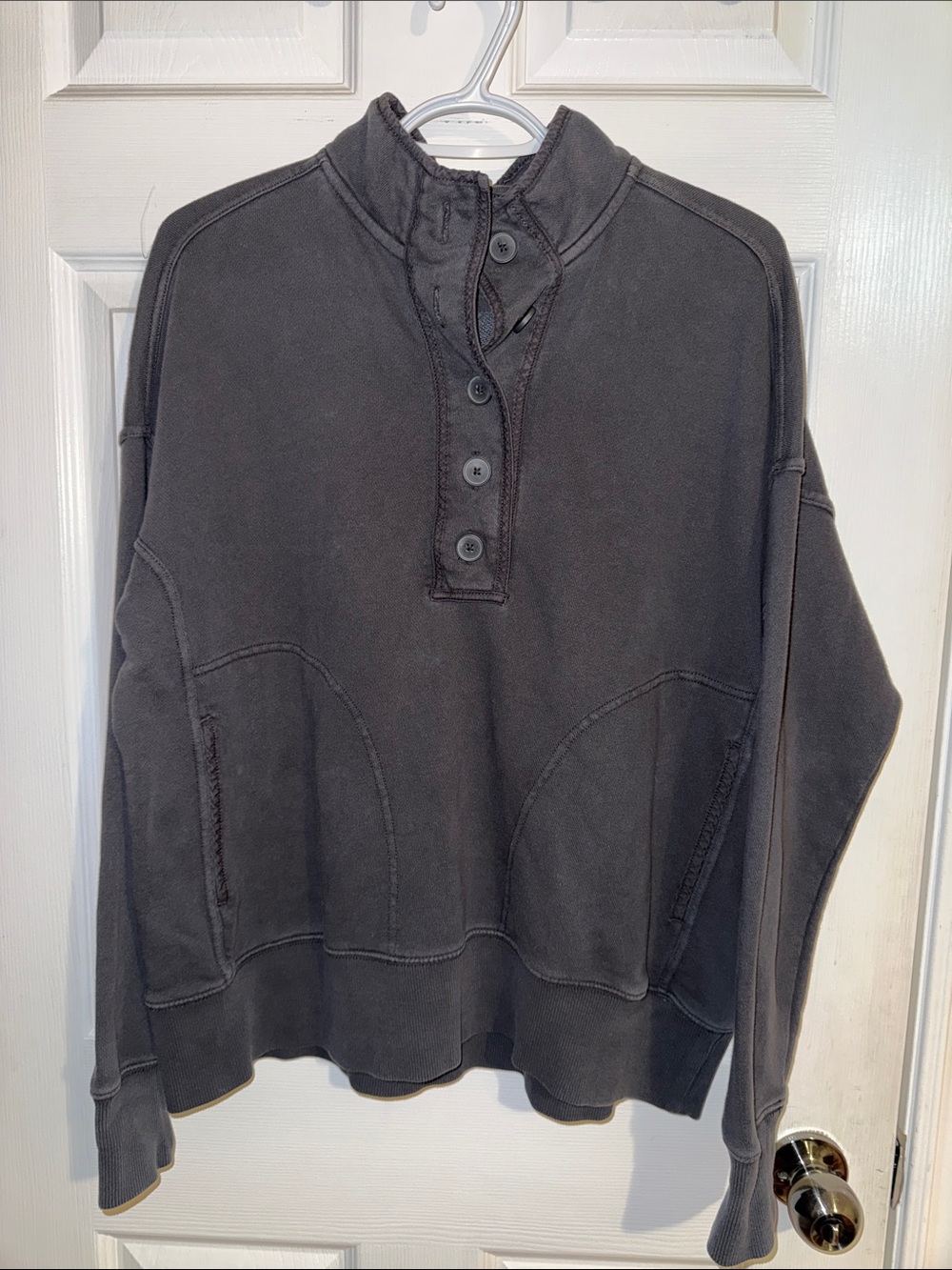 aerie Charcoal Gray V‑Neck Button Pullover Sweater